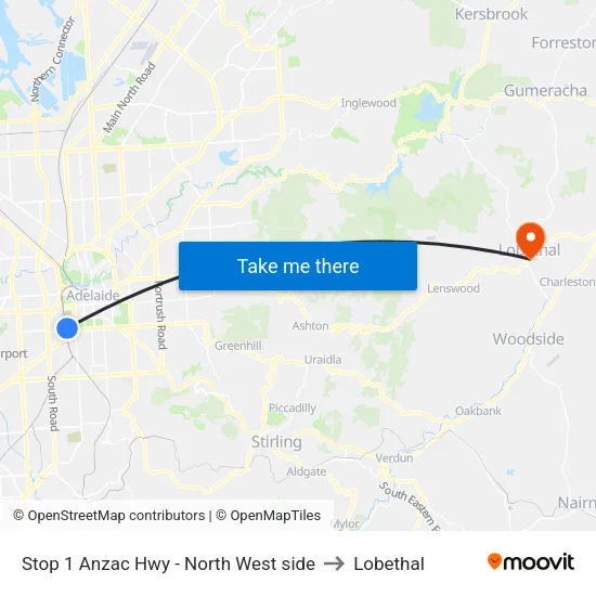 Stop 1 Anzac Hwy - North West side to Lobethal map