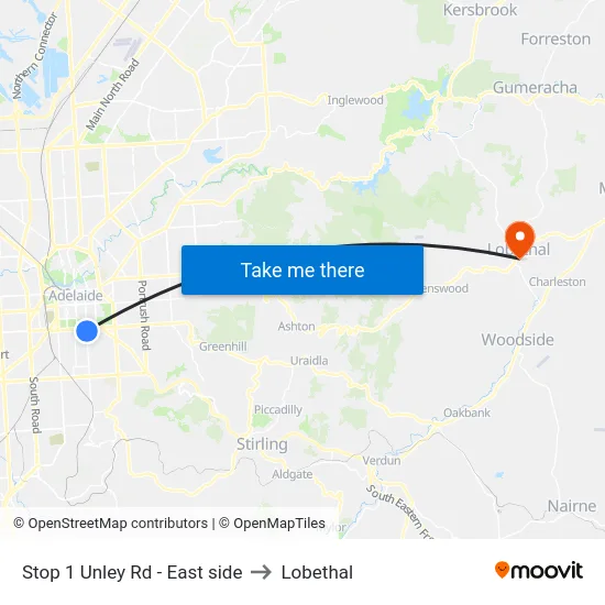 Stop 1 Unley Rd - East side to Lobethal map