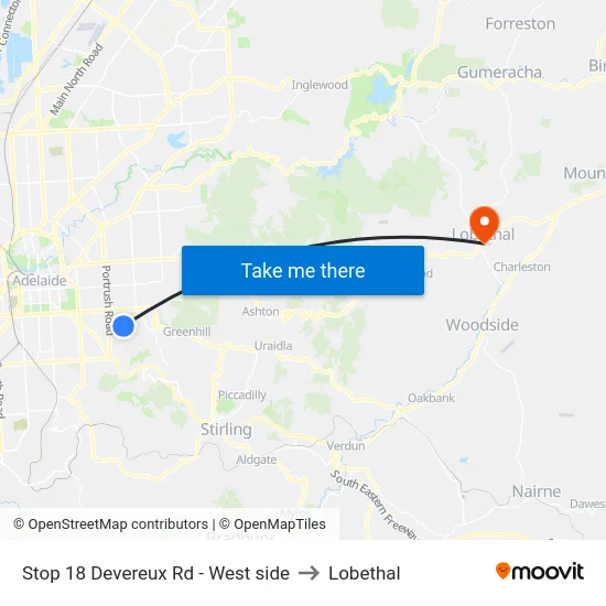 Stop 18 Devereux Rd - West side to Lobethal map