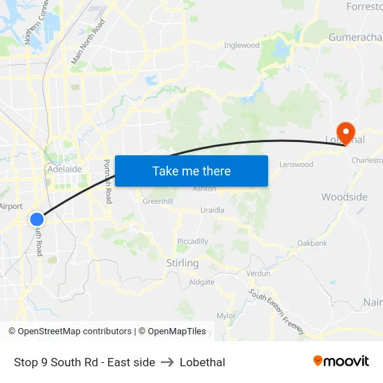Stop 9 South Rd - East side to Lobethal map