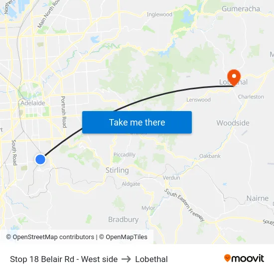 Stop 18 Belair Rd - West side to Lobethal map
