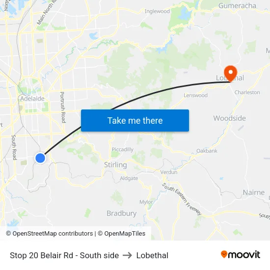 Stop 20 Belair Rd - South side to Lobethal map