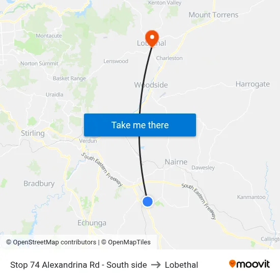 Stop 74 Alexandrina Rd - South side to Lobethal map