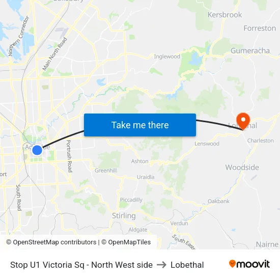 Stop U1 Victoria Sq - North West side to Lobethal map