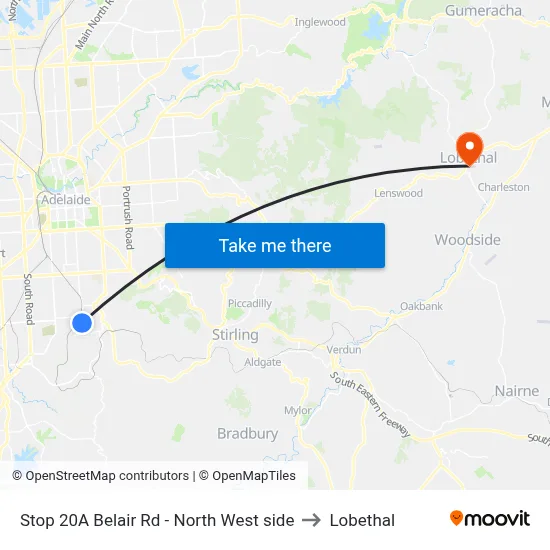 Stop 20A Belair Rd - North West side to Lobethal map