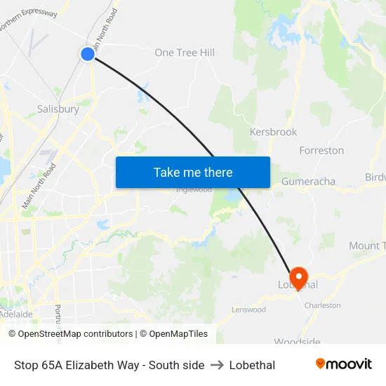 Stop 65A Elizabeth Way - South side to Lobethal map
