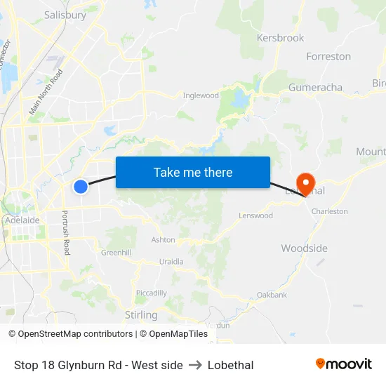 Stop 18 Glynburn Rd - West side to Lobethal map
