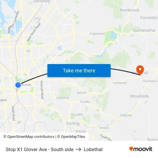 Stop X1 Glover Ave - South side to Lobethal map