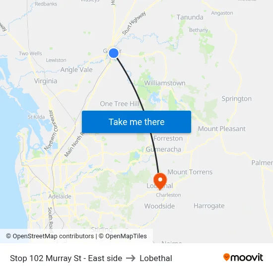 Stop 102 Murray St - East side to Lobethal map