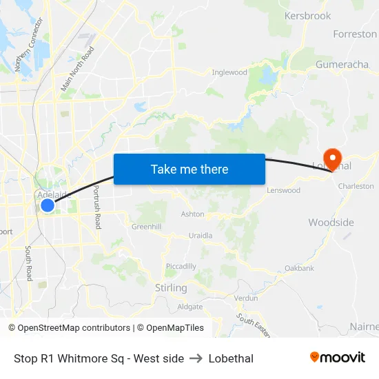 Stop R1 Whitmore Sq - West side to Lobethal map