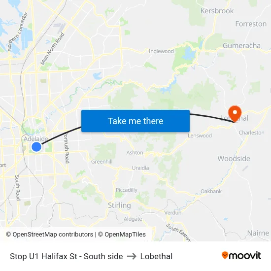 Stop U1 Halifax St - South side to Lobethal map