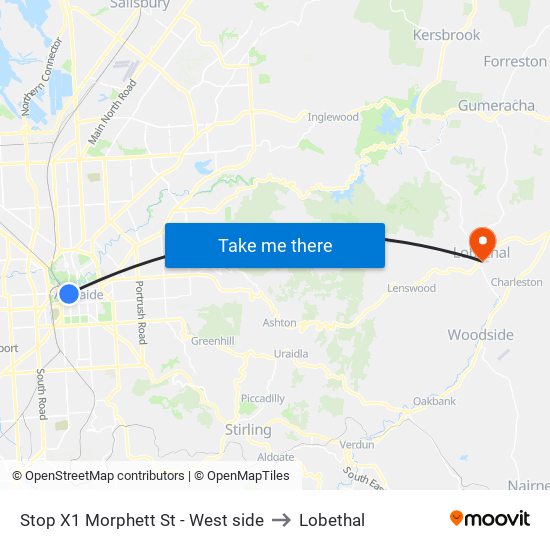 Stop X1 Morphett St - West side to Lobethal map