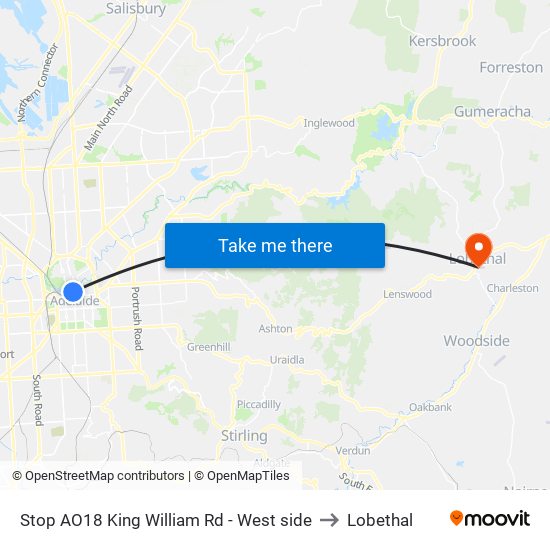 Stop AO18 King William Rd - West side to Lobethal map