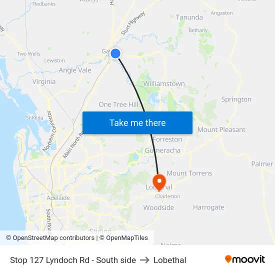Stop 127 Lyndoch Rd - South side to Lobethal map