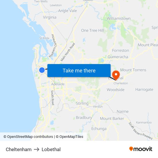 Cheltenham to Lobethal map