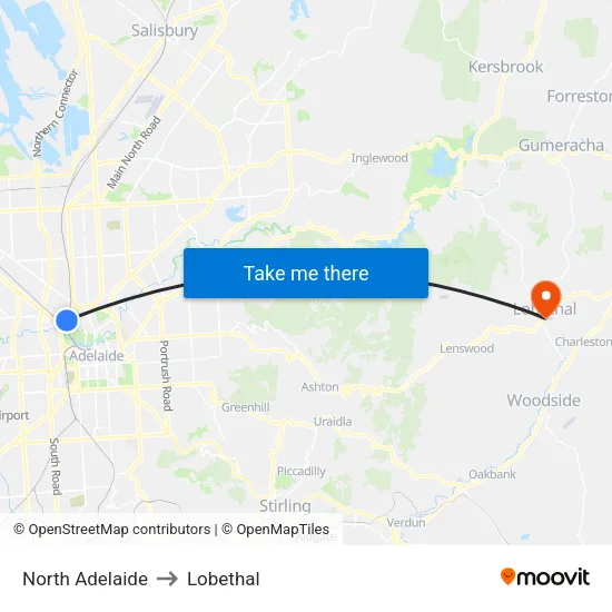 North Adelaide to Lobethal map