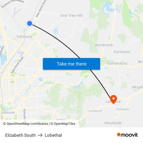 Elizabeth South to Lobethal map