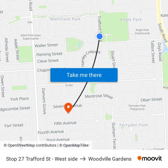 Stop 27 Trafford St - West side to Woodville Gardens map