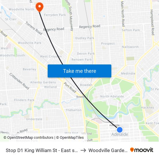 Stop D1 King William St - East side to Woodville Gardens map