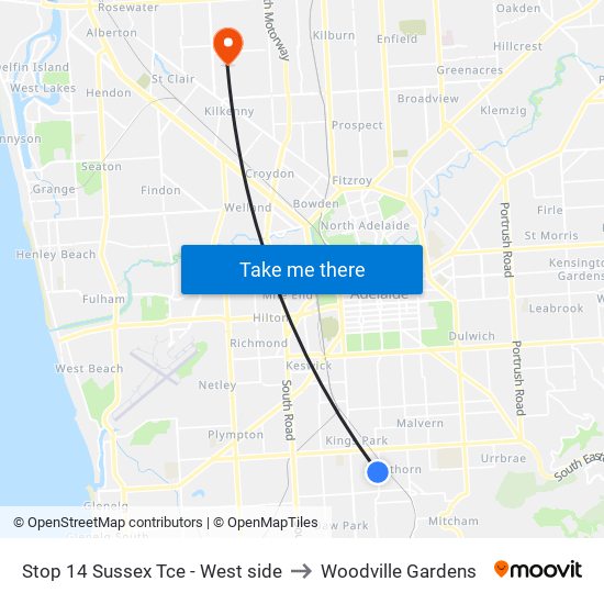 Stop 14 Sussex Tce - West side to Woodville Gardens map