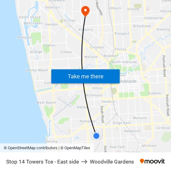 Stop 14 Towers Tce - East side to Woodville Gardens map