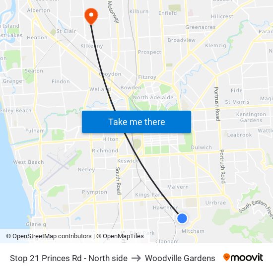 Stop 21 Princes Rd - North side to Woodville Gardens map