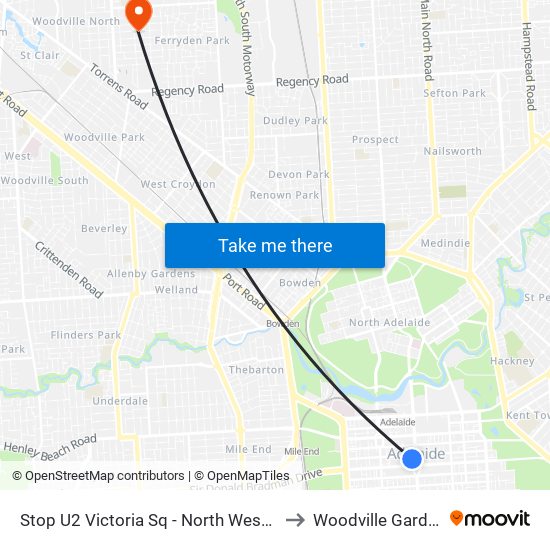 Stop U2 Victoria Sq - North West side to Woodville Gardens map