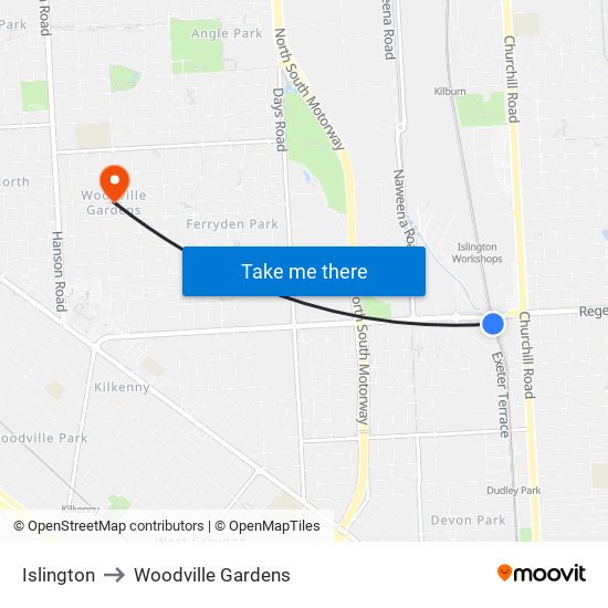 Islington to Woodville Gardens map