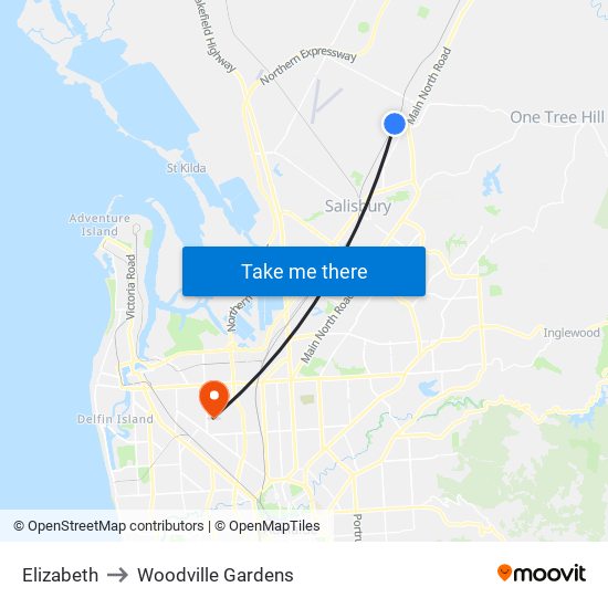 Elizabeth to Woodville Gardens map