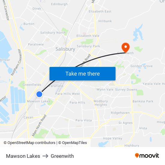 Mawson Lakes to Greenwith map