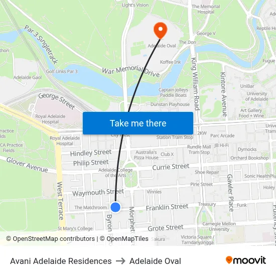 Avani Adelaide Residences to Adelaide Oval map