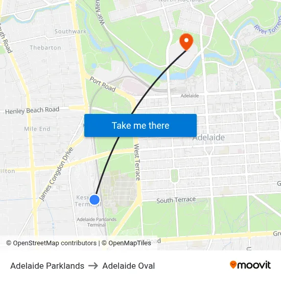 Adelaide Parklands to Adelaide Oval map