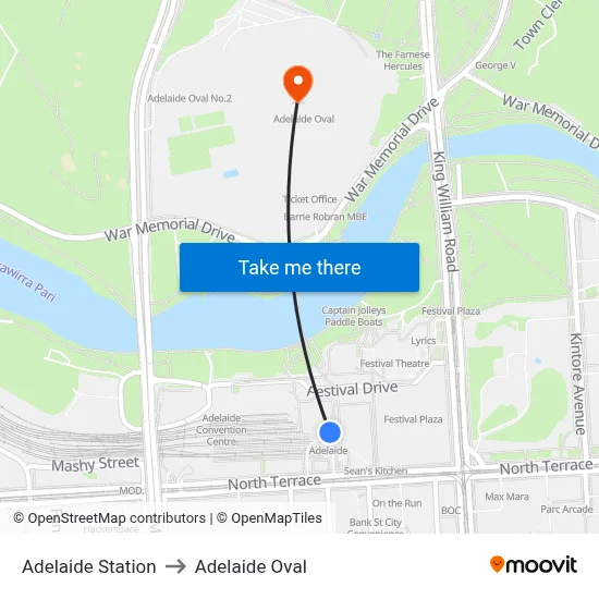Adelaide Station to Adelaide Oval map