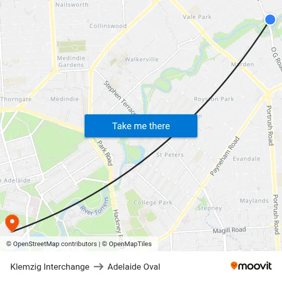 Klemzig Interchange to Adelaide Oval map