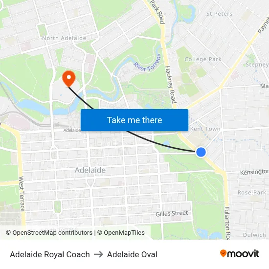 Adelaide Royal Coach to Adelaide Oval map