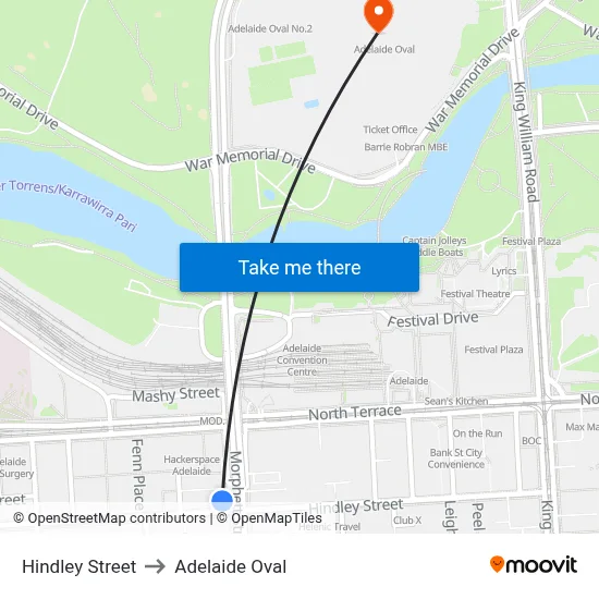 Hindley Street to Adelaide Oval map