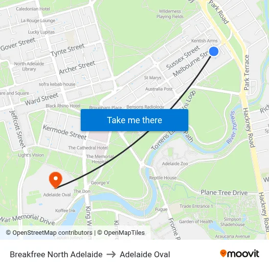 Breakfree North Adelaide to Adelaide Oval map