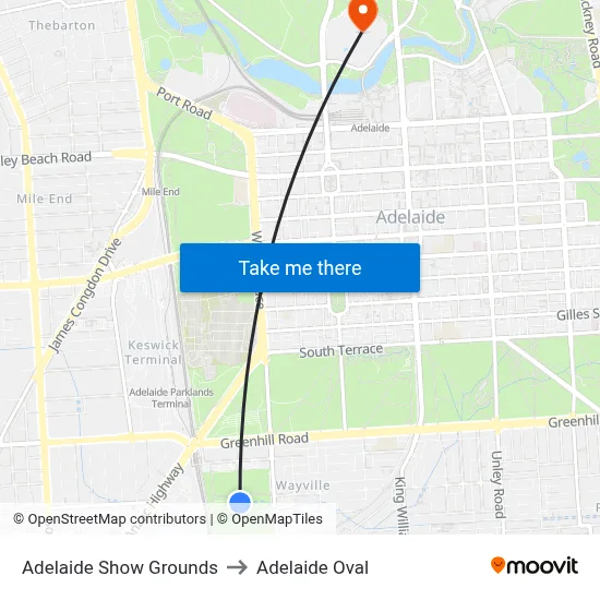 Adelaide Show Grounds to Adelaide Oval map