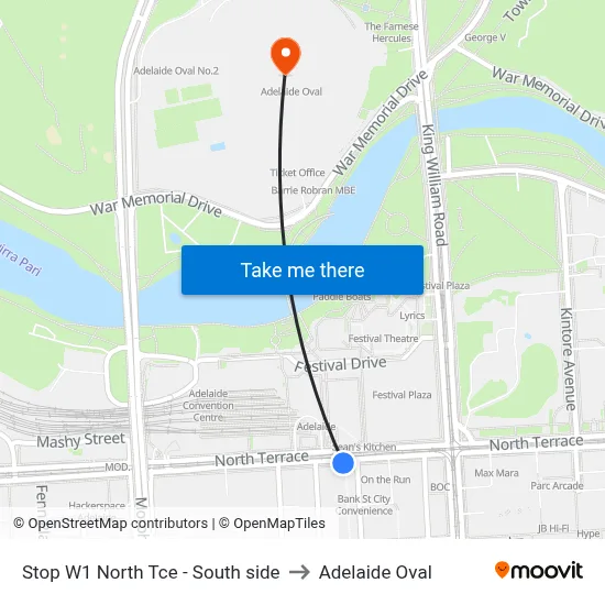 Stop W1 North Tce - South side to Adelaide Oval map