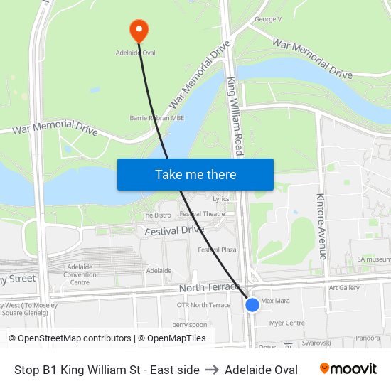 Stop B1 King William St - East side to Adelaide Oval map