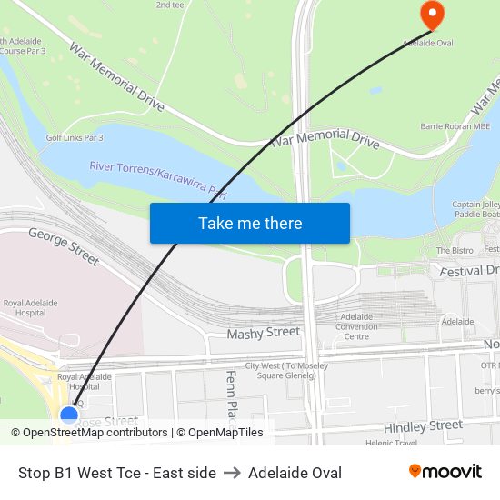 Stop B1 West Tce - East side to Adelaide Oval map