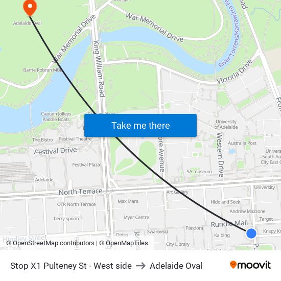 Stop X1 Pulteney St - West side to Adelaide Oval map