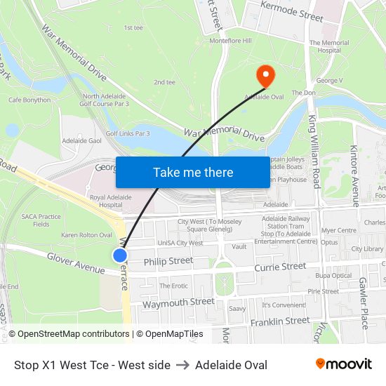 Stop X1 West Tce - West side to Adelaide Oval map