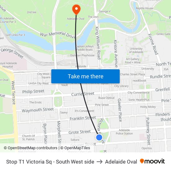 Stop T1 Victoria Sq - South West side to Adelaide Oval map