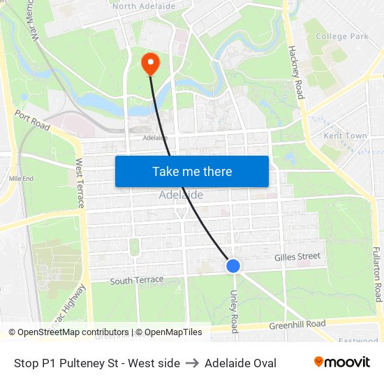 Stop P1 Pulteney St - West side to Adelaide Oval map