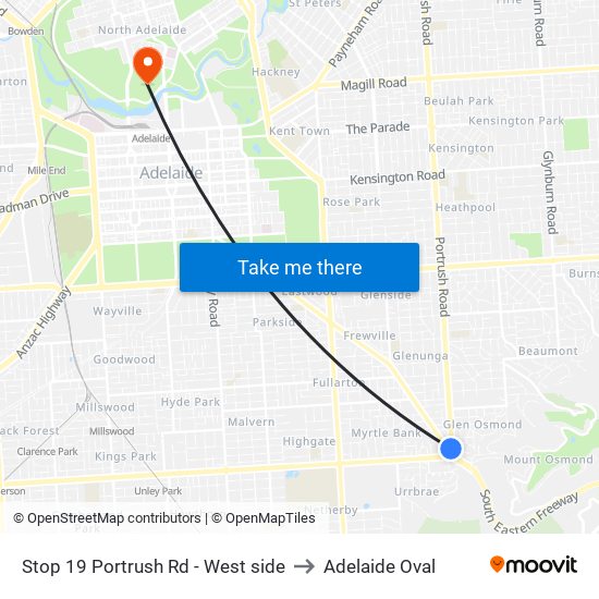 Stop 19 Portrush Rd - West side to Adelaide Oval map