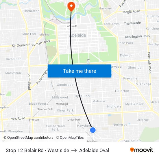 Stop 12 Belair Rd - West side to Adelaide Oval map