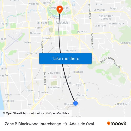 Zone B Blackwood Interchange to Adelaide Oval map