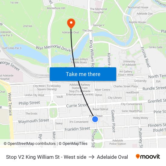 Stop V2 King William St - West side to Adelaide Oval map