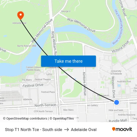 Stop T1 North Tce - South side to Adelaide Oval map